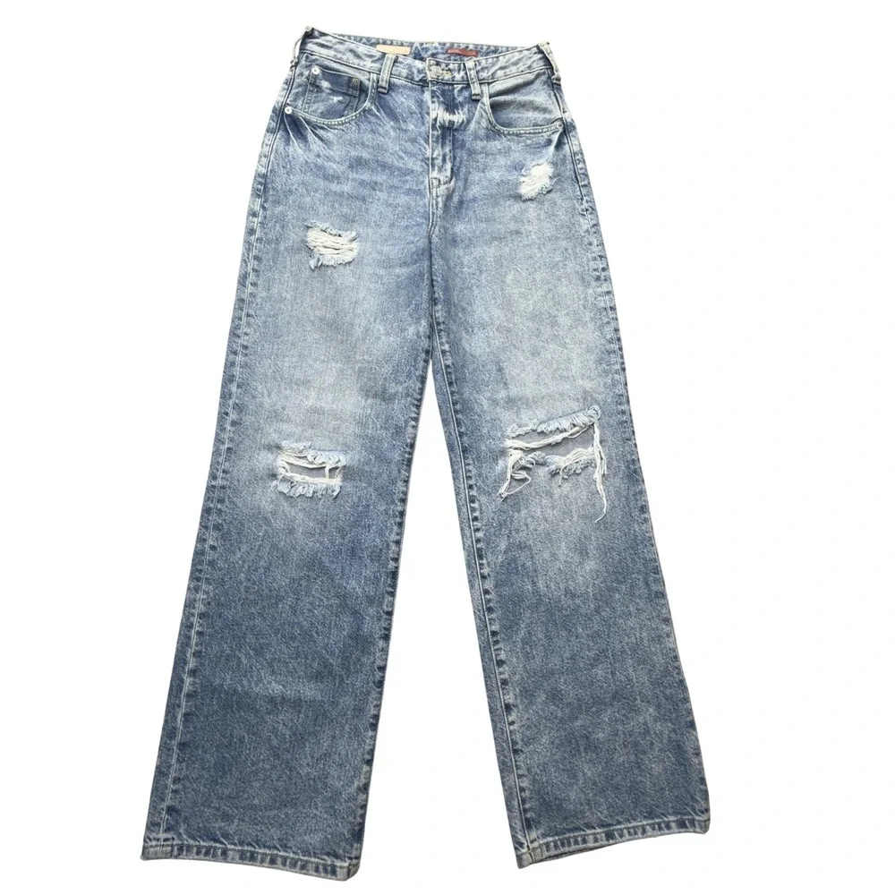 Pilcro Wide Leg Jeans Womens 28x27.5 Blue Acid Wash High Rise Distressed Tag 26